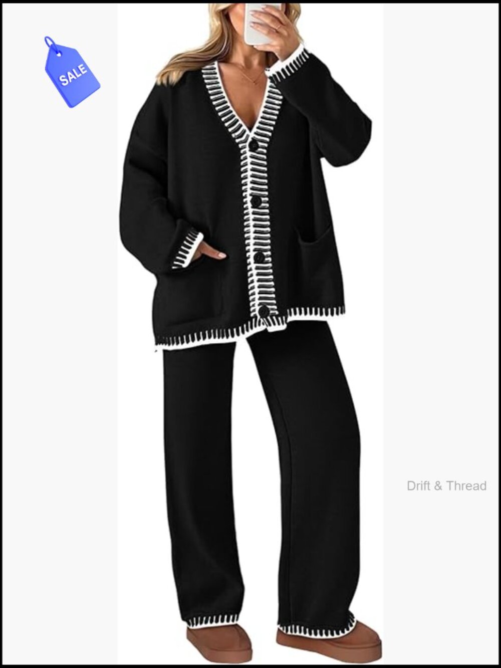 Women's Knit Lounge Set Cardigan Sweater Track Suit 2 Piece Outfit